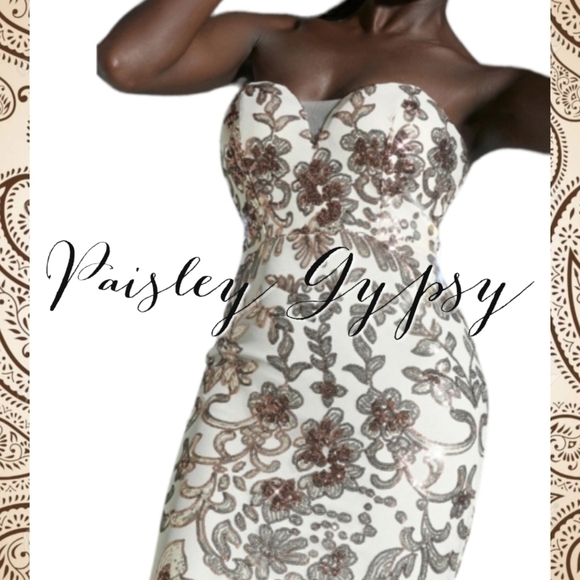 Exquisite Contrast Sequin Floral Beige Creme & Chocolate Sleeveless Fo… - Picture 5 of 15